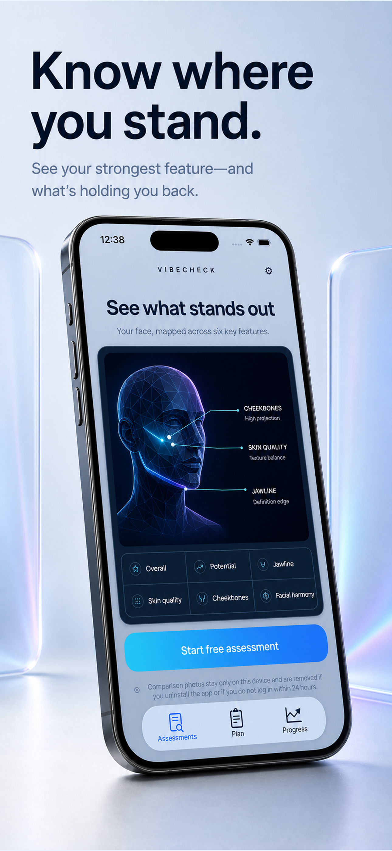 VibeCheck assessment overview showing six facial-feature score categories