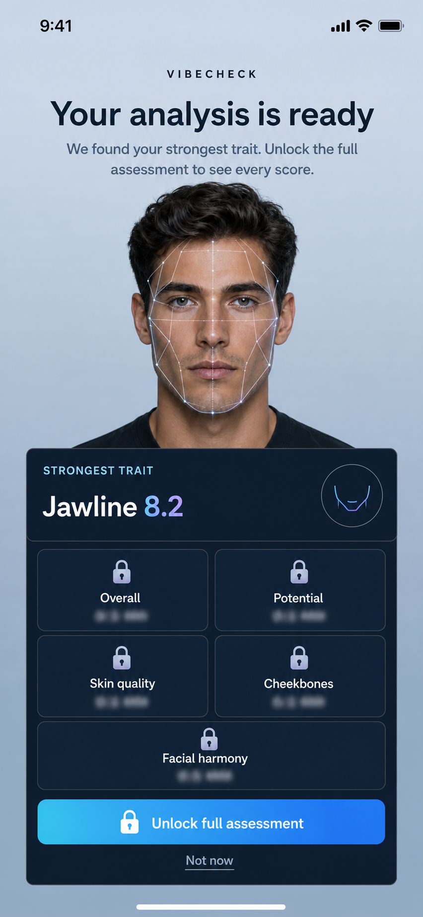 VibeCheck showing a jawline score of 8.2 with five scores hidden